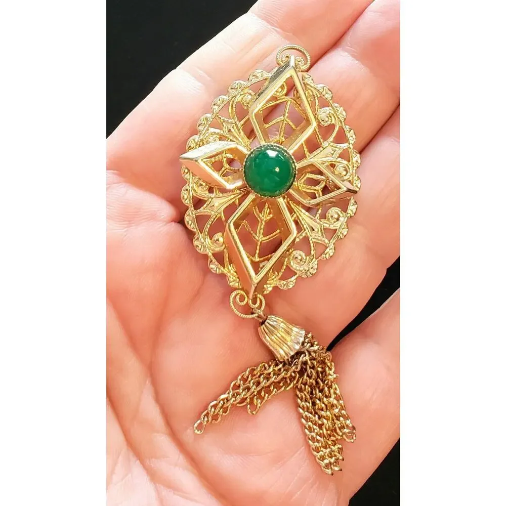 Sarah‎ Coventry Brooch Pin Peking Green Glass 3.5